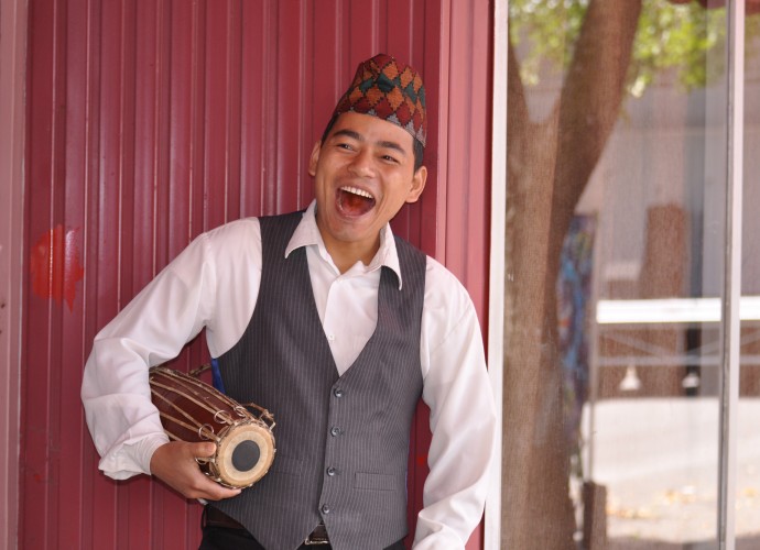 The traditional Nepali madal drum is the instrument of choice for Dil Ranamagar. He was born in Bhutan and lived in a Nepali refugee camp for almost 20 years. Sept. 15, 2012. Photographer: Lynne Browne.