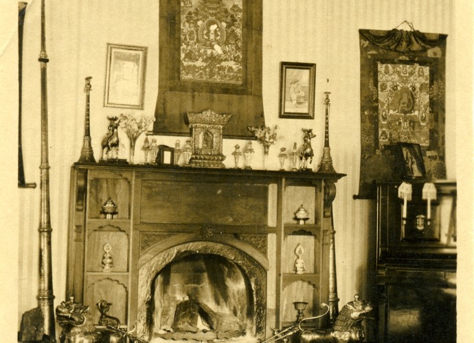 <p>Gangtok Residency <br />
1908-1918 <br />
Photographer Unknown <br />
Courtesy of a Private Collection </p>
<p>When Sir Charles Bell (1870-1945) was appointed to the post of Political Officer of Sikkim, Bhutan and Tibet in 1908, he became the highest-ranking imperial officer in the eastern Himalaya. His colonial base was the Gangtok Residency in Sikkim. The house built by his predecessor, John Claude White (1853-1919), was situated close to the <em> Chögyal </em> (Tib. chos rgyal) or ruler of Sikkim’s palace and represented the British India government’s imperial power in the region. Bell cultivated his scholarly persona in the Himalaya and during his residency in Sikkim he designed a series of rooms (see Figure 2) that emphasised his Himalayan knowledge. He created a series of shrine-like mantelpieces that displayed the objects he had purchased, commissioned and had been gifted during his tenure. Including as can be seen here the <em> senge</em>. </p>