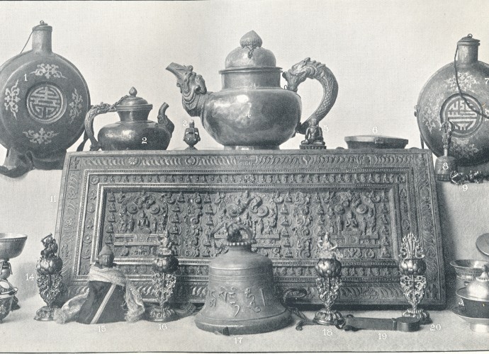 <p>“Art Specimens – III” <br />
Originally published in <em>Sikhim and Bhutan</em> by John Claude White 1909. <br />
Image supplied by Beryl Hartley</p>
<p>When Himalayan and Tibetan objects became mobile and moved into colonial worlds they often took on new meanings. Objects made for religious, cultural, military, mercantile and diplomatic reasons became something else in colonial hands. Objects in this new context were to be understood as a part of the wider imperial project to know places that were, or could potentially be, colonised. Alongside preserved botanical cuttings and hunted birds and animals, objects also became specimens; in John Claude White’s case ‘art specimens’. They were collected and assembled into collections not only to make visible the owner’s status as a Himalayan expert due to their rare access to unusual objects. But these objects were also important sites for study, collected in the expectation that information could be gathered from them that would shed light on difficult to reach places and the ruling elites who governed there. As can be seen in this image, colonial officers curated their collections long before they arrived in the museum, forming ideas about certain types of objects and how they should be grouped and understood.</p>