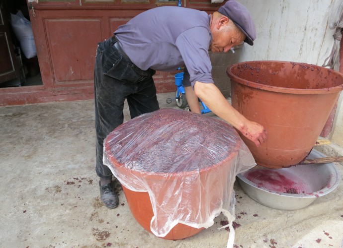 <b><p>Sealing the crushed grape juice, seeds, and skin for fermentation.</b></p>
After crushing the leftover stems are picked out of the basins, leaving the grape juice and sediments of grape skins and seeds, which are poured into large plastic buckets.