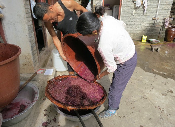 <b>Sieving the fermented wine.</b>
<p>Second Step</p>
After being left to ferment for three to ten days, the length depending upon the maturity and sweetness of the grapes, the wine is filtered or sieved through bamboo baskets and cheesecloth.