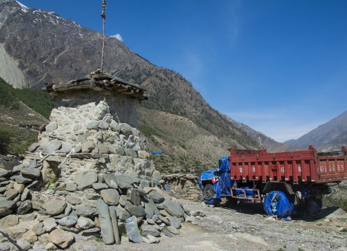 Muchu, April 2017.
Chortens (Buddhist shrines) like these often have specific religious meanings to locals and travelers alike. However, the construction of the road has undermined the importance of these cultural structures in three crucial ways: rampant destruction of such structures to make way for the road in some cases; the isolation of such structures from the main road in other cases; and, generally through polluting areas held as sacred.