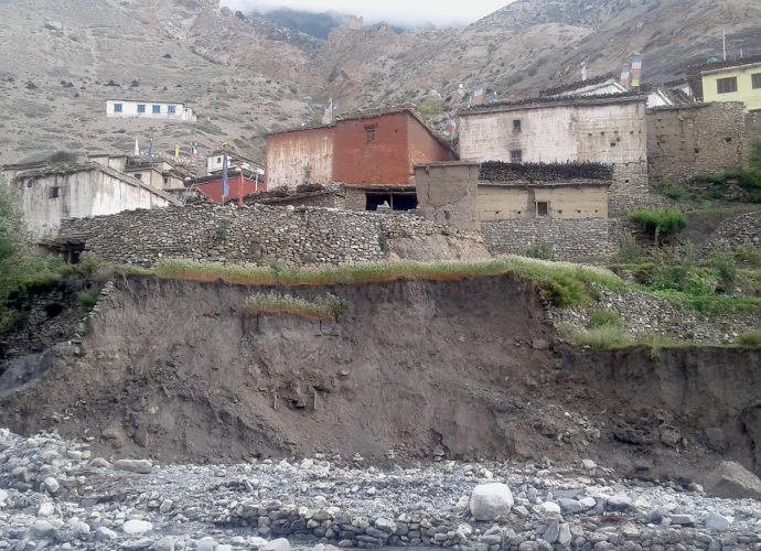 Effects of Flooding. (Tshering Gurung, August 2016)
Unpredictable weather patterns have led to fertile lands being destroyed by flooding, scarcity of drinking water, water-borne diseases, and a growing number of insects and pests. As a result of climate change, agricultural land has diminished and houses are in danger of being washed away.