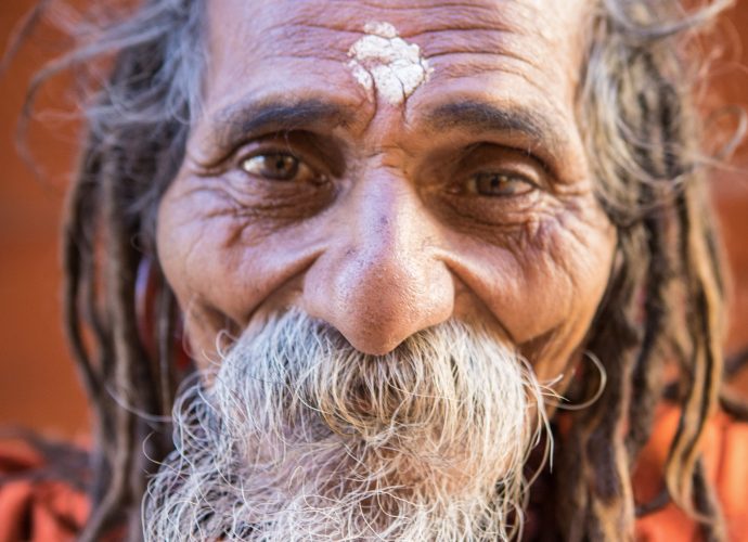 Sadhu. (Kory Thibeault, October 2016)
A sadhu (an ascetic holy person) at the temple in Muktinath, Lower Mustang. Sadhus travel many miles from southern parts of Nepal and India to offer their services and prayers at the famous temple in the Muktinath village. They walk bare foot crossing borders and harsh terrain, asking for donations of food and shelter, and offer blessings to devotees.