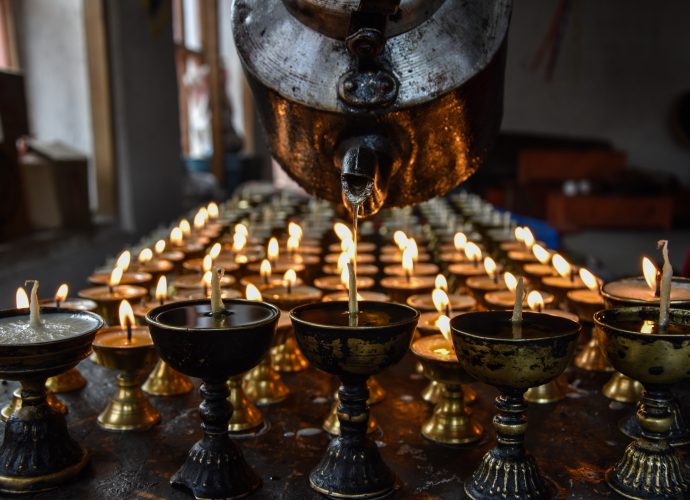 Hope and Blessings. (Yungdrung Tsewang, September 2017)
Butter lamp offerings in memory of a spiritual leader—the 33rd abbot of the Menri lineage of a pre-Buddhist religion known as Bön. Although the religious tradition of Bön is not as prevalently practiced today, the small village of Ludak is one exception. This Bonpo settlement has maintained the ancient traditions of Bön and continue to practice in the face of ongoing development and social change