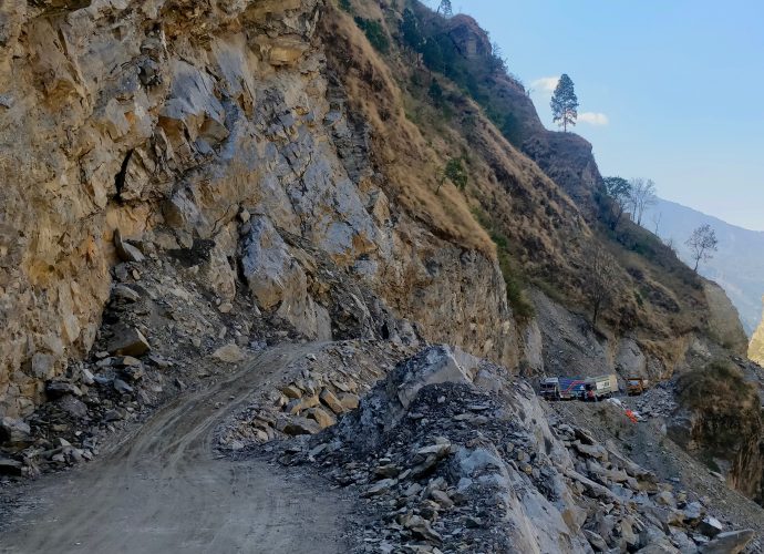 Recently opened Mailung-Sybrubesi section of the Galchi-Betrawati-Mailung-Sybrubesi road, Rasuwa. Considering the geologically challenging terrain, and its perennial disruption due to landslides during monsoon, the Nepal Army was contracted to open the Mailung-Sybrubesi road to shorten the distance to Rasuwagadhi by 24 kilometers. However, since the official opening of the new road in May 2018 – and despite much national publicity - the Mailung-Shyabrubesi has remained closed to both freight trucks and passenger jeeps for a large part of the year.